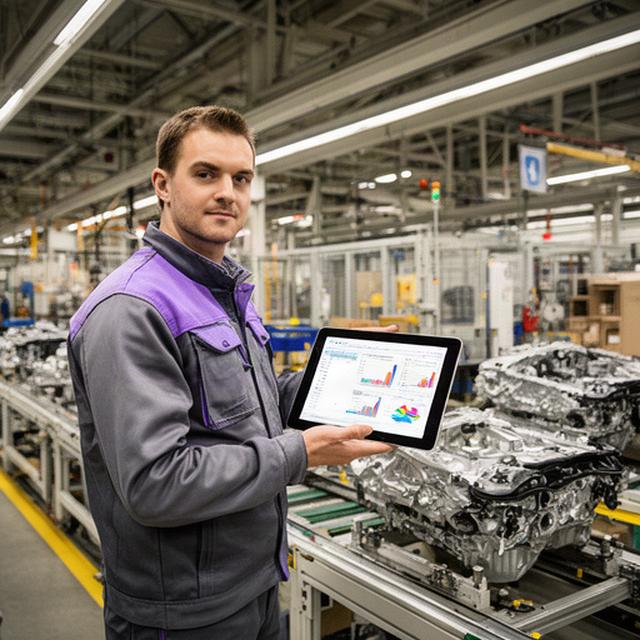 AIが表示されたタブレットを持つ製造ラインの監督者